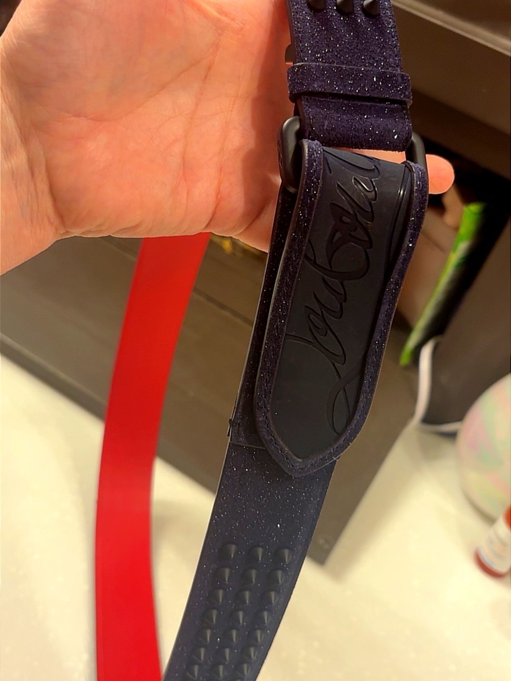 Christian Louboutin Navy Glitter Spike Belt with Red Interior